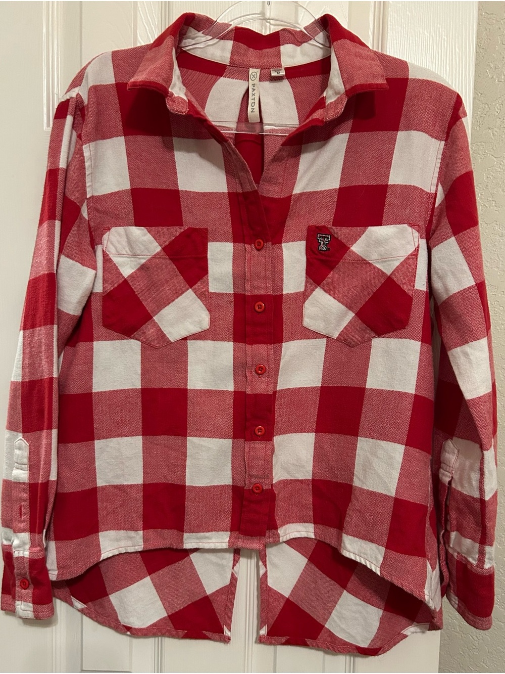 Red & White Buffalo Plaid Flannel Button-Down Shirt with Pocket Texas Tech logo